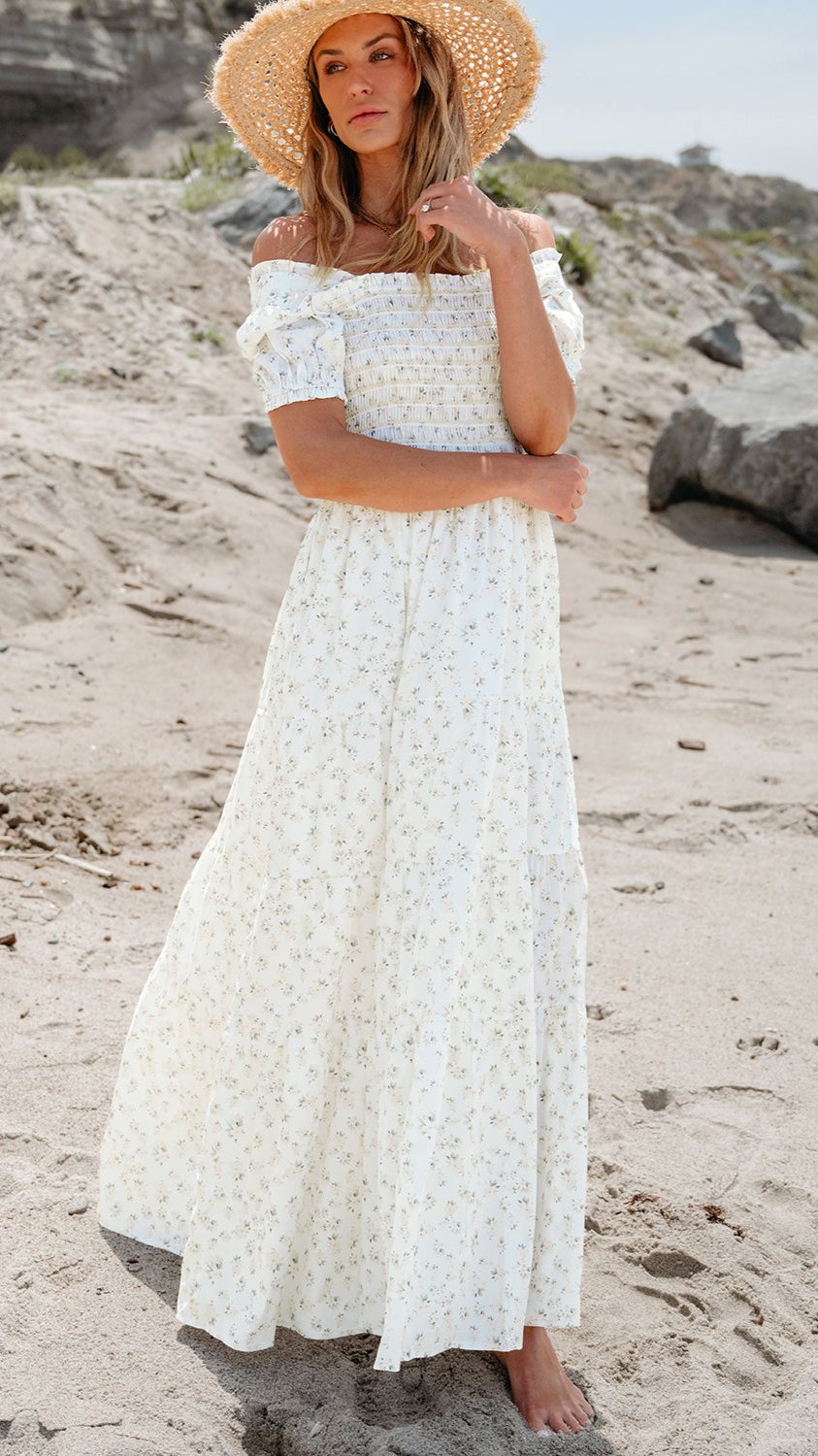 White Shirred Bodice Maxi Dress