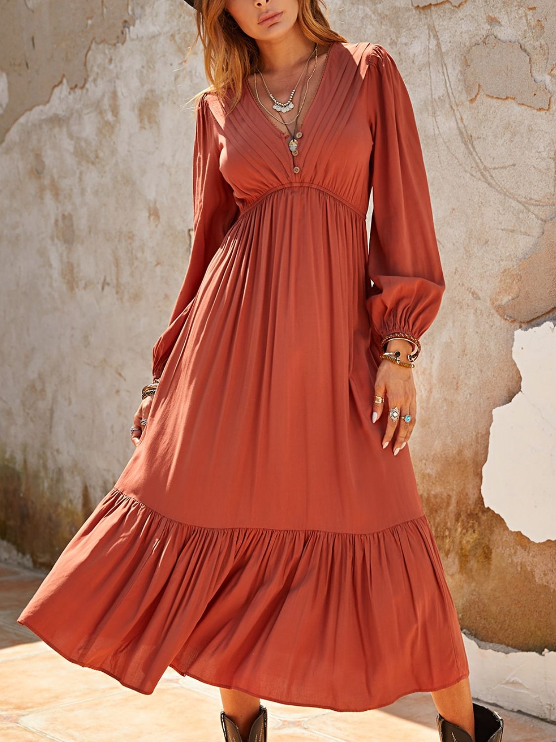 Ruched Viscose V-Neck Long Sleeve Midi Dress in Orange