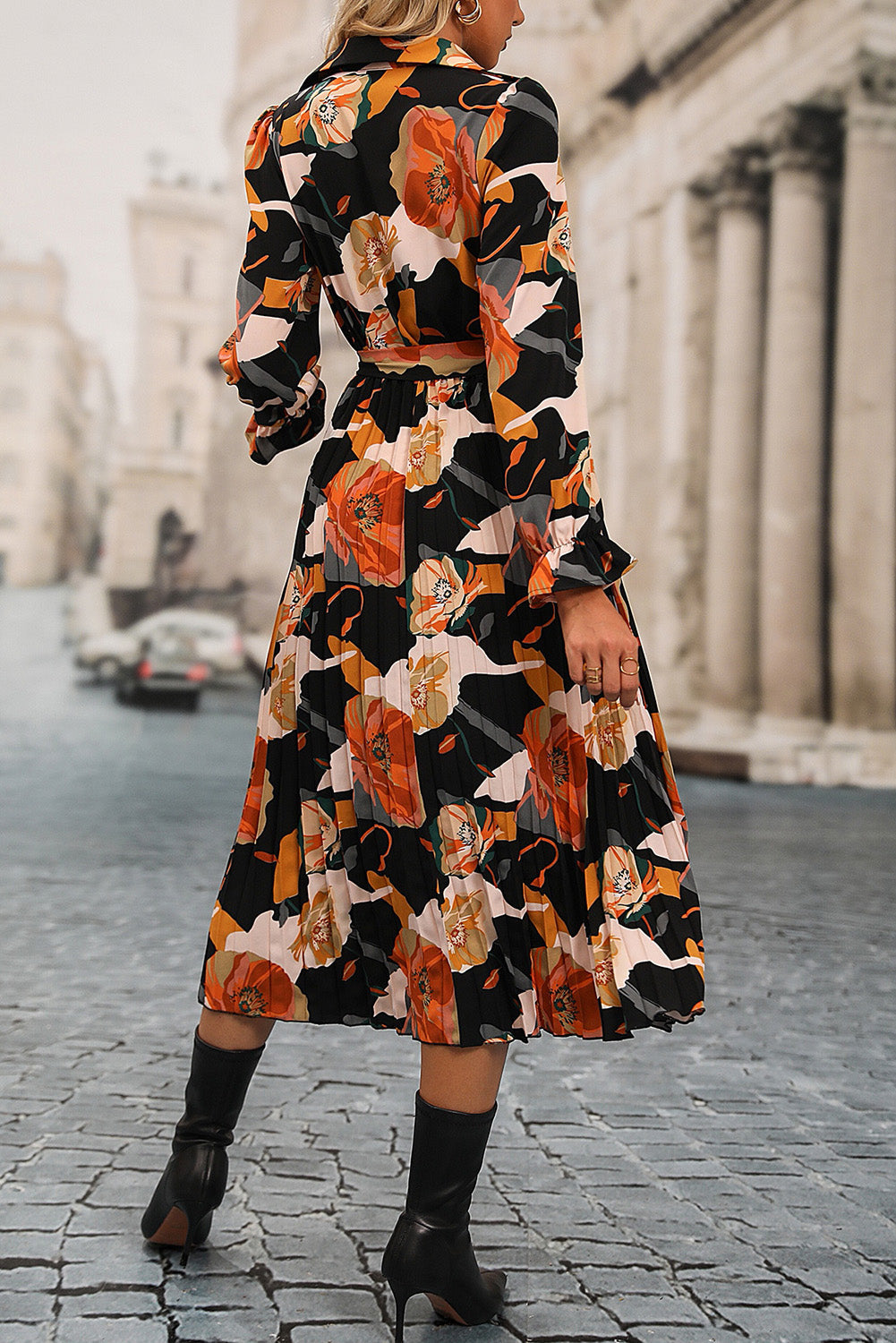 Floral Print Waist Tie Pleated Midi Dress