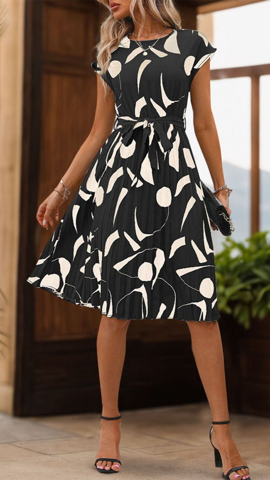 Tied Pleated Printed Cap Sleeve Dress in Black