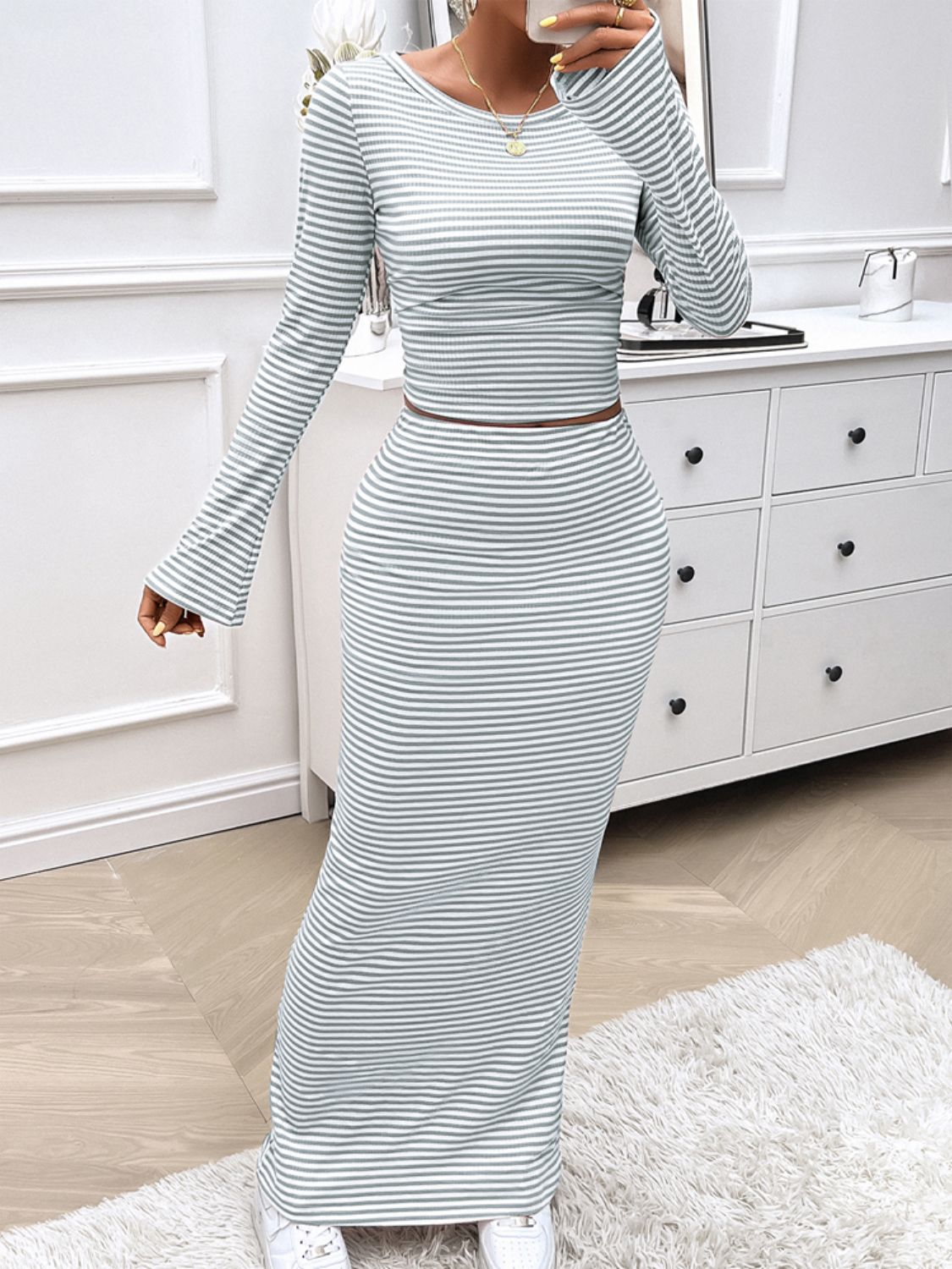 Striped Boat Neck Top and Skirt Set in Light Grey