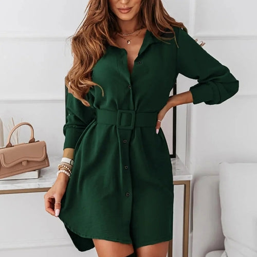 O-Neckline Shirt Dress in Green