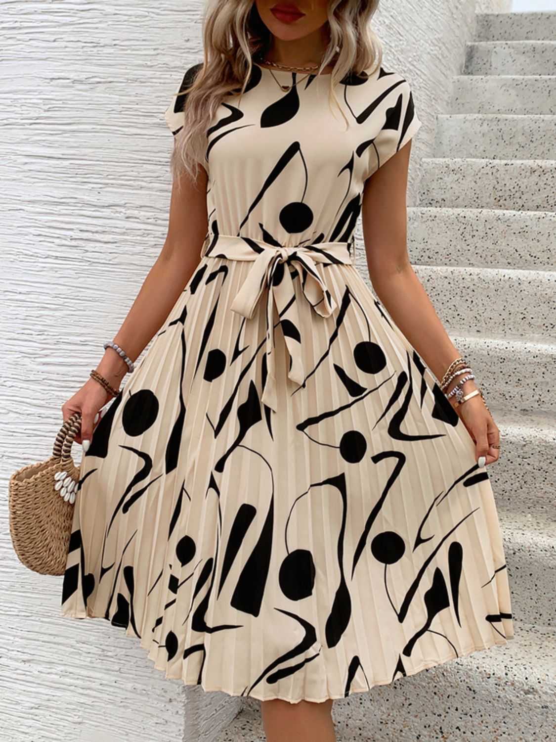 Tied Pleated Printed Cap Sleeve Dress in Tan