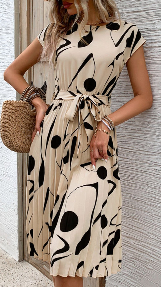 Tied Pleated Printed Cap Sleeve Dress in Tan