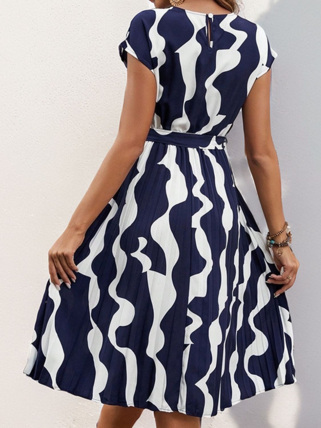 Tied Pleated Printed Cap Sleeve Dress in Dark Blue