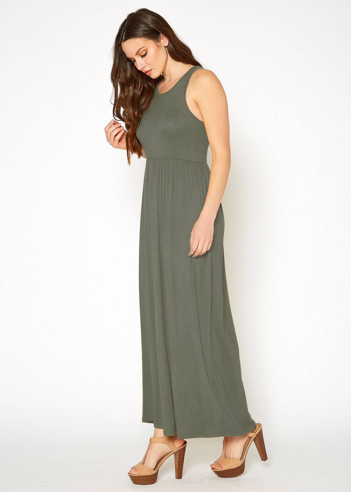 Sleeveless Rayon Pleated Maxi Dress in Olive