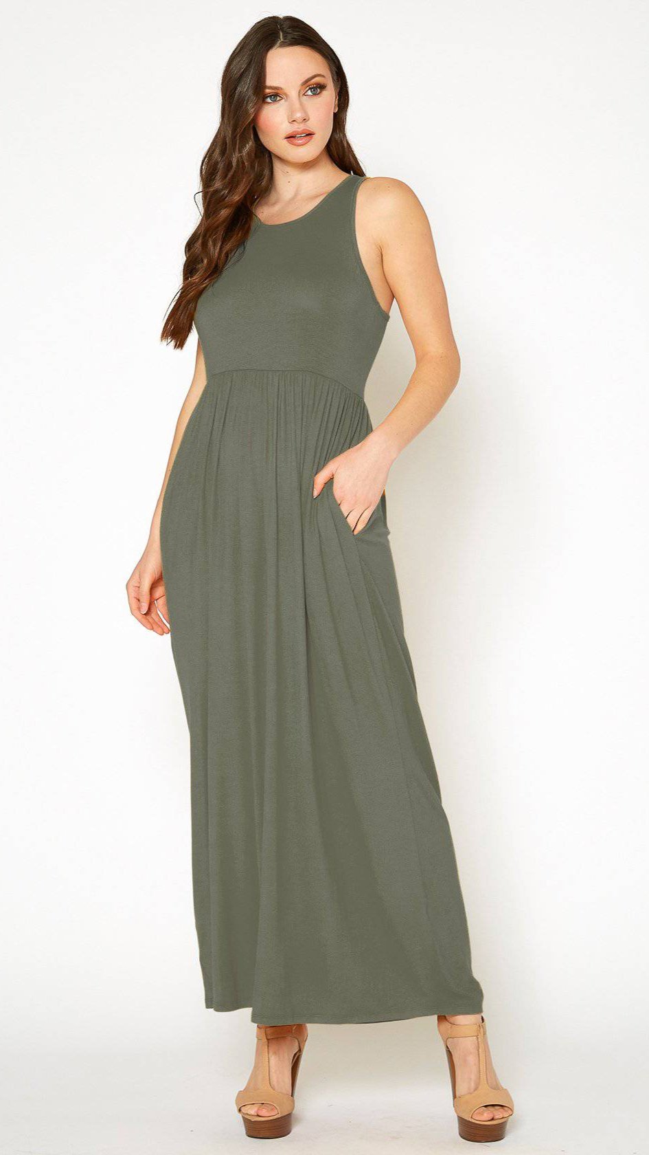 Sleeveless Rayon Pleated Maxi Dress in Olive