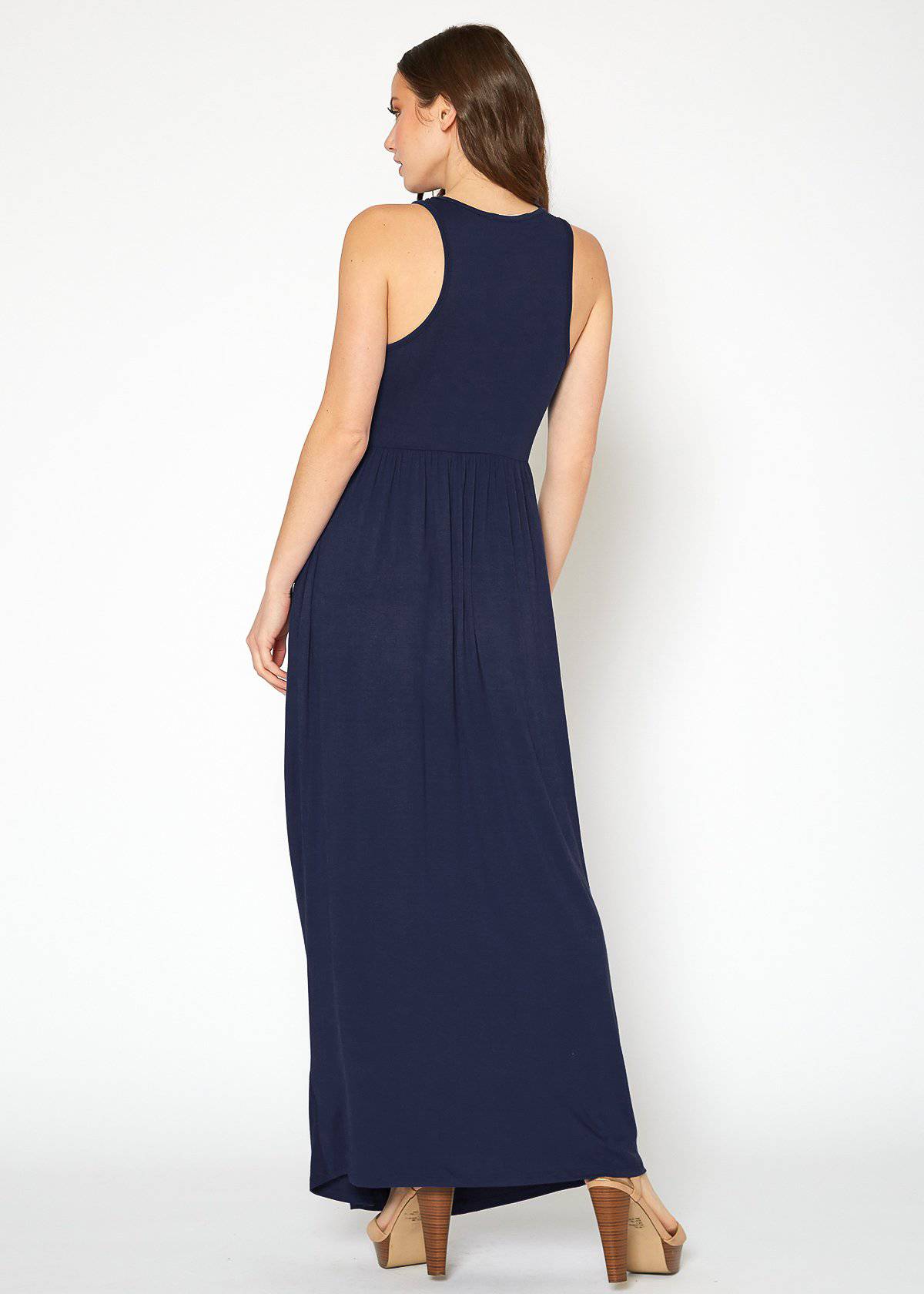 Sleeveless Rayon Pleated Maxi Dress in Navy