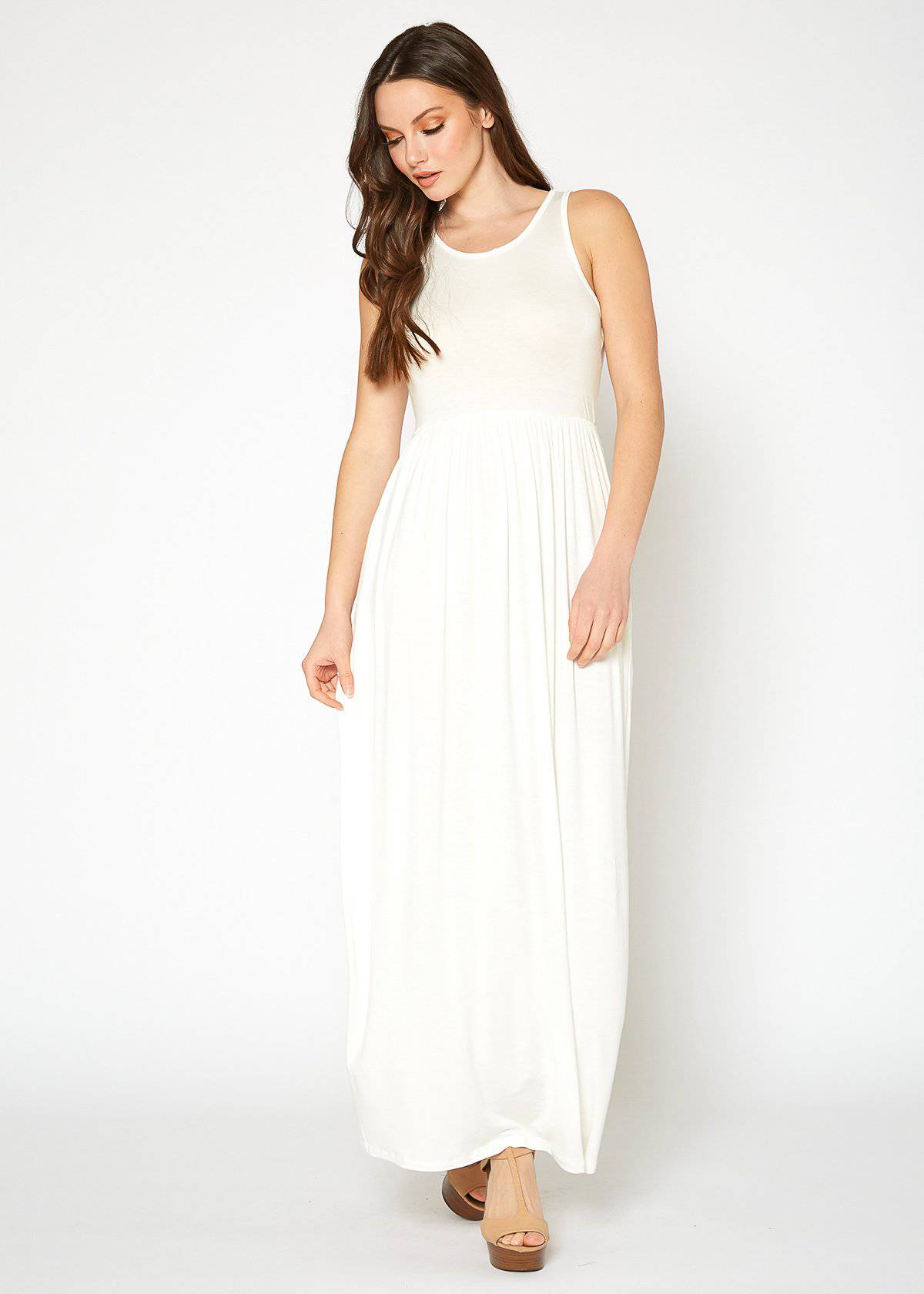 Sleeveless Rayon Pleated Maxi Dress in Ivory