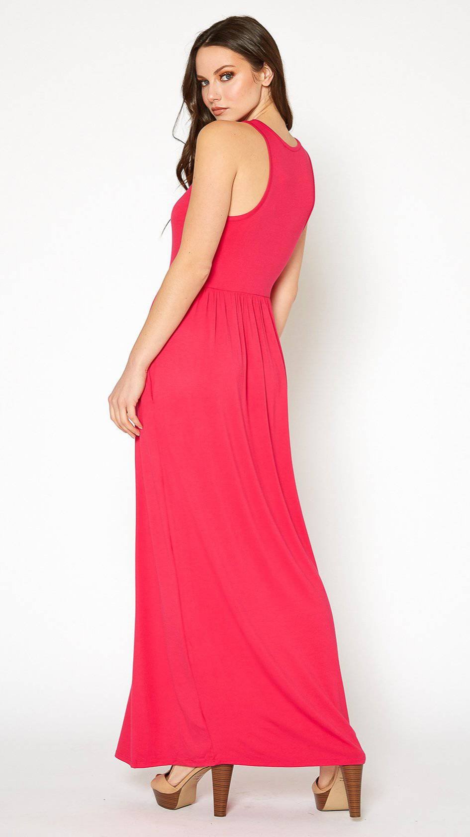 Sleeveless Rayon Pleated Maxi Dress in Deep Pink