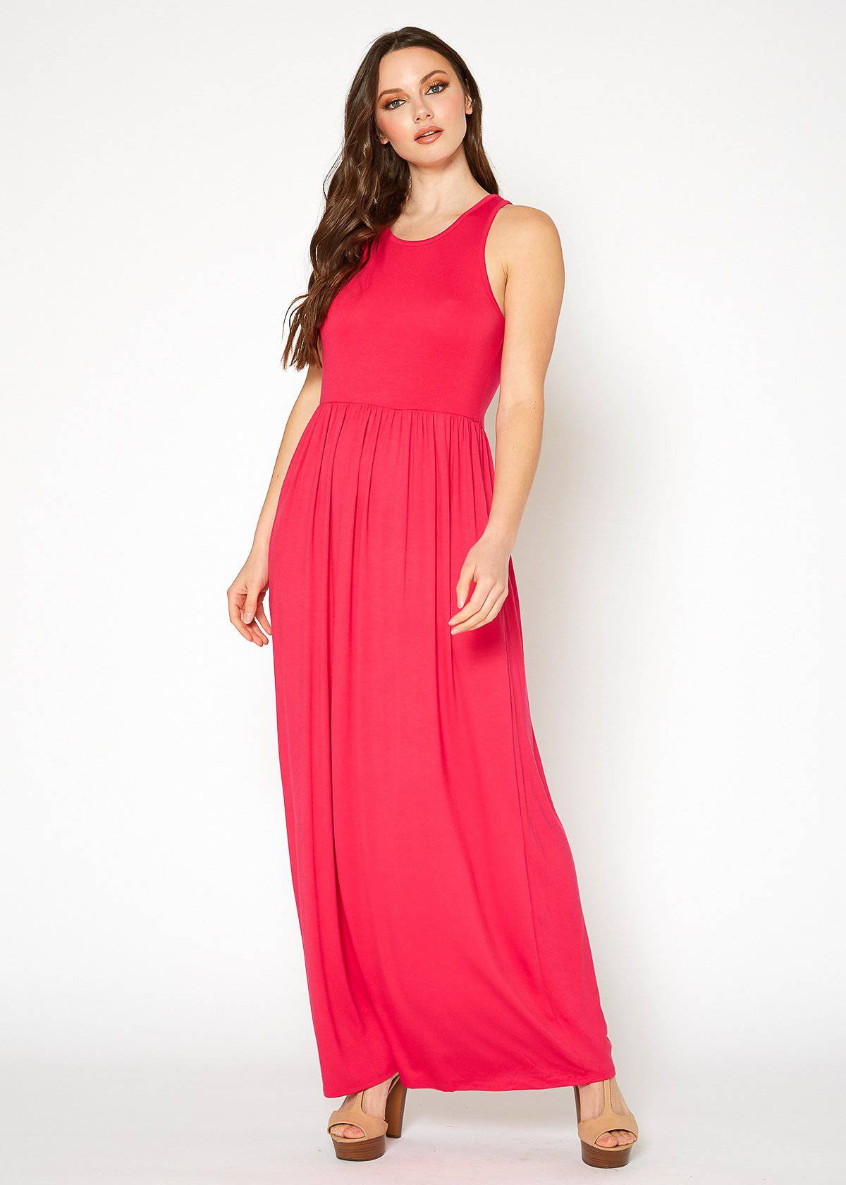 Sleeveless Rayon Pleated Maxi Dress in Deep Pink