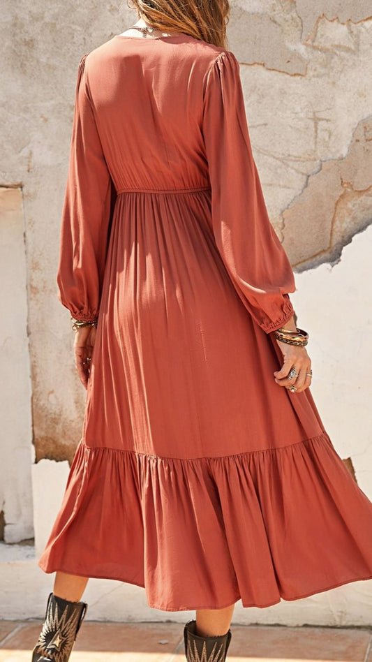 Ruched Viscose V-Neck Long Sleeve Midi Dress in Orange