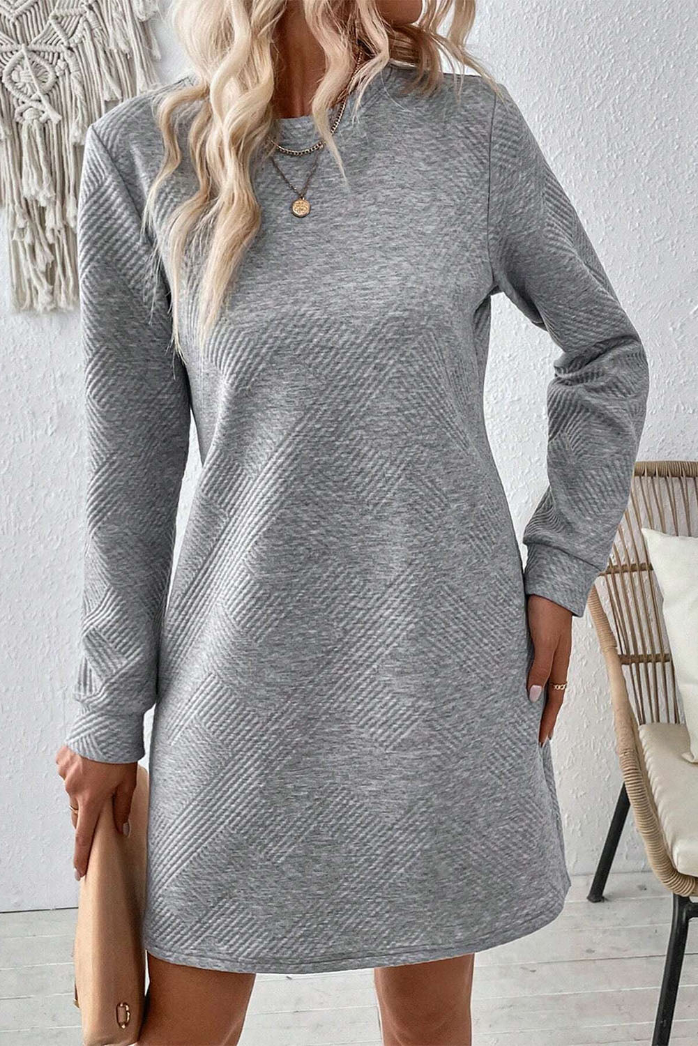 Textured Long Sleeve Mini Shift Dress