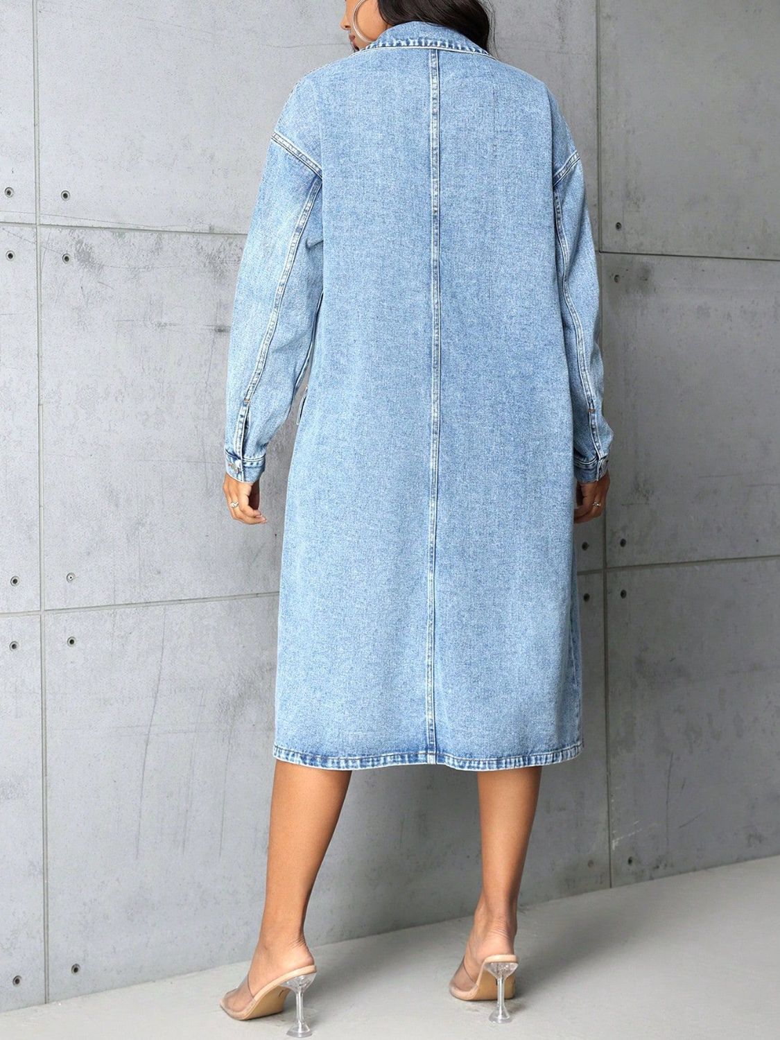 Pocketed Button Up Collared Neck Denim Dress Jacket