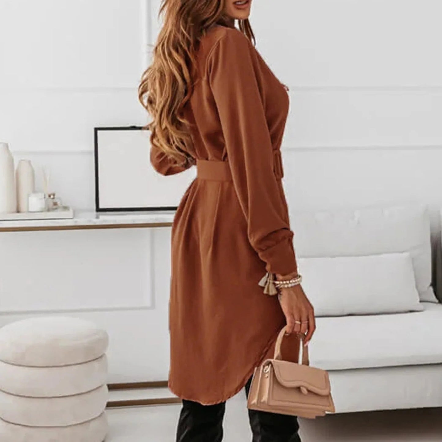 O-Neckline Shirt Dress in Coffee