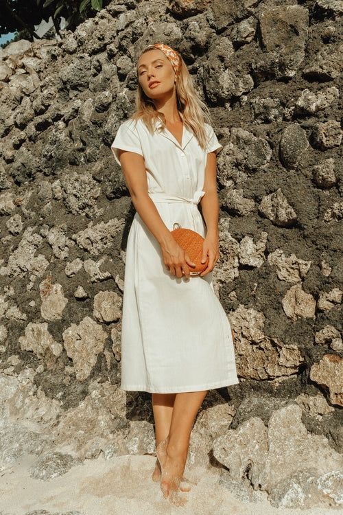 Safari Linen Midi Dress in Off White