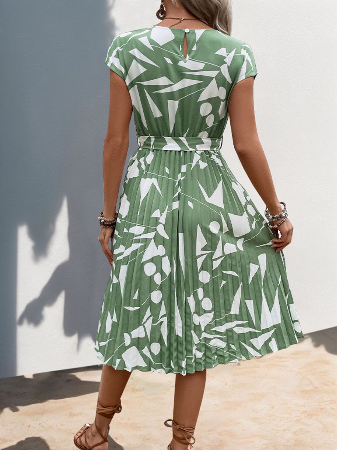 Tied Pleated Printed Cap Sleeve Dress in Light Green