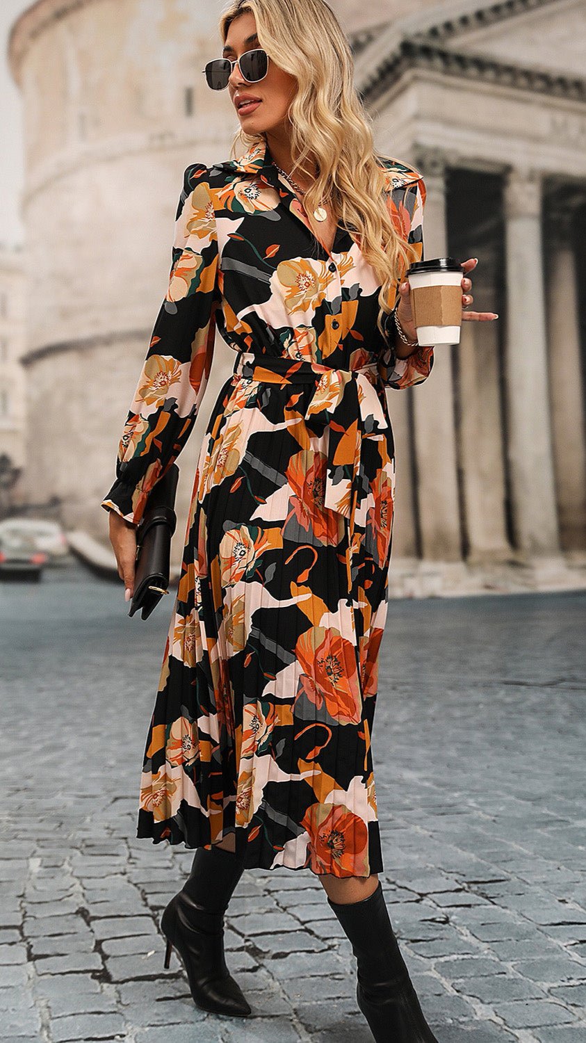 Floral Print Waist Tie Pleated Midi Dress