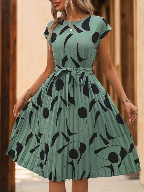 Tied Pleated Printed Cap Sleeve Dress in Turquoise