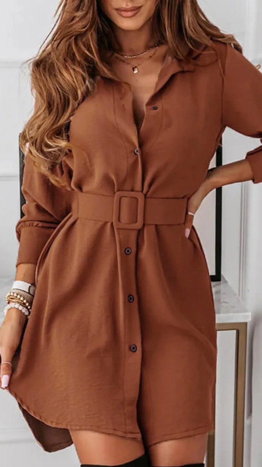 O-Neckline Shirt Dress in Coffee