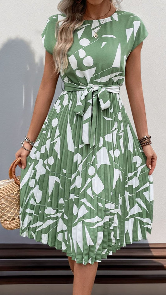 Tied Pleated Printed Cap Sleeve Dress in Light Green