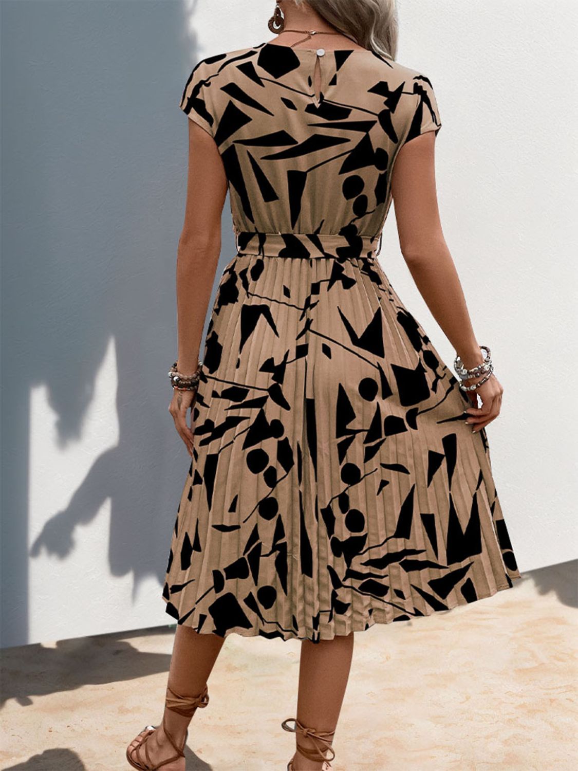 Tied Pleated Printed Cap Sleeve Dress in Camel