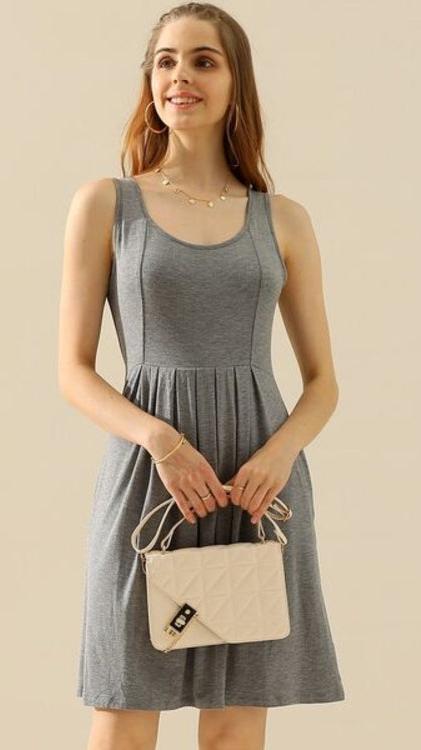 Doublju Round Neck Ruched Sleeveless Dress with Pockets in H Grey