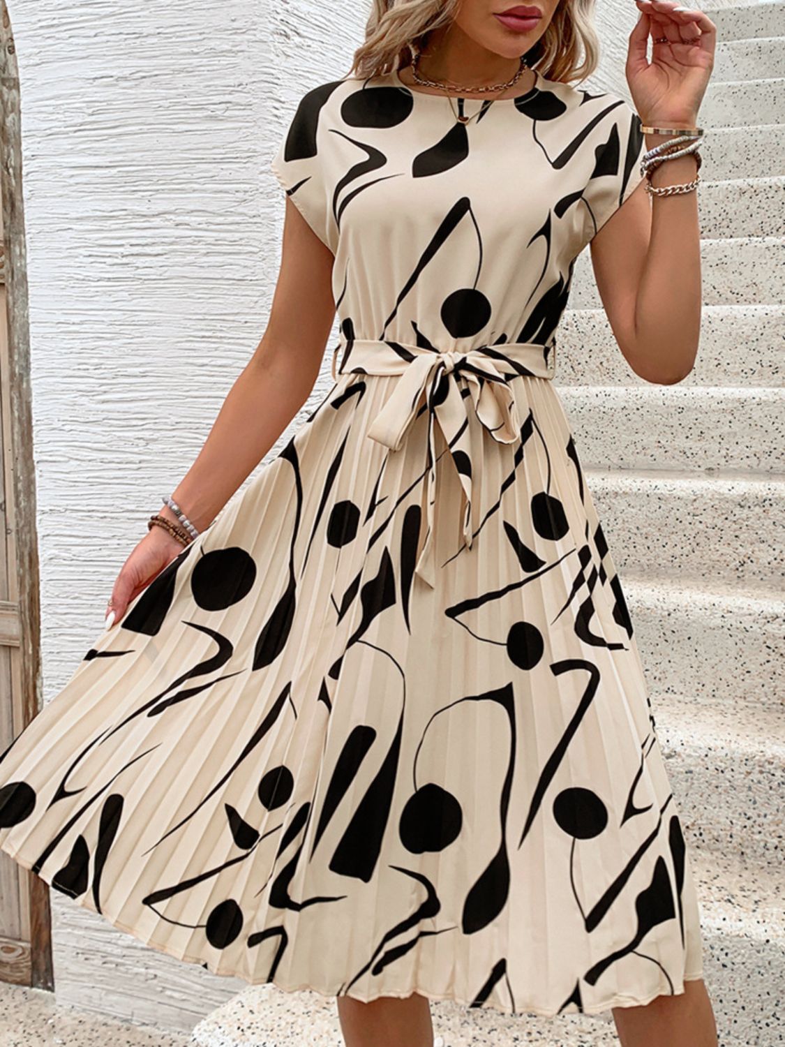 Tied Pleated Printed Cap Sleeve Dress in Tan