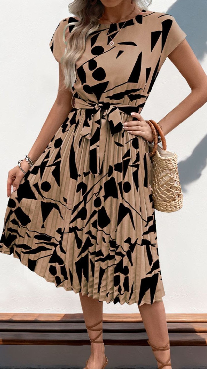 Tied Pleated Printed Cap Sleeve Dress in Camel