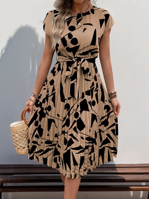 Tied Pleated Printed Cap Sleeve Dress in Camel