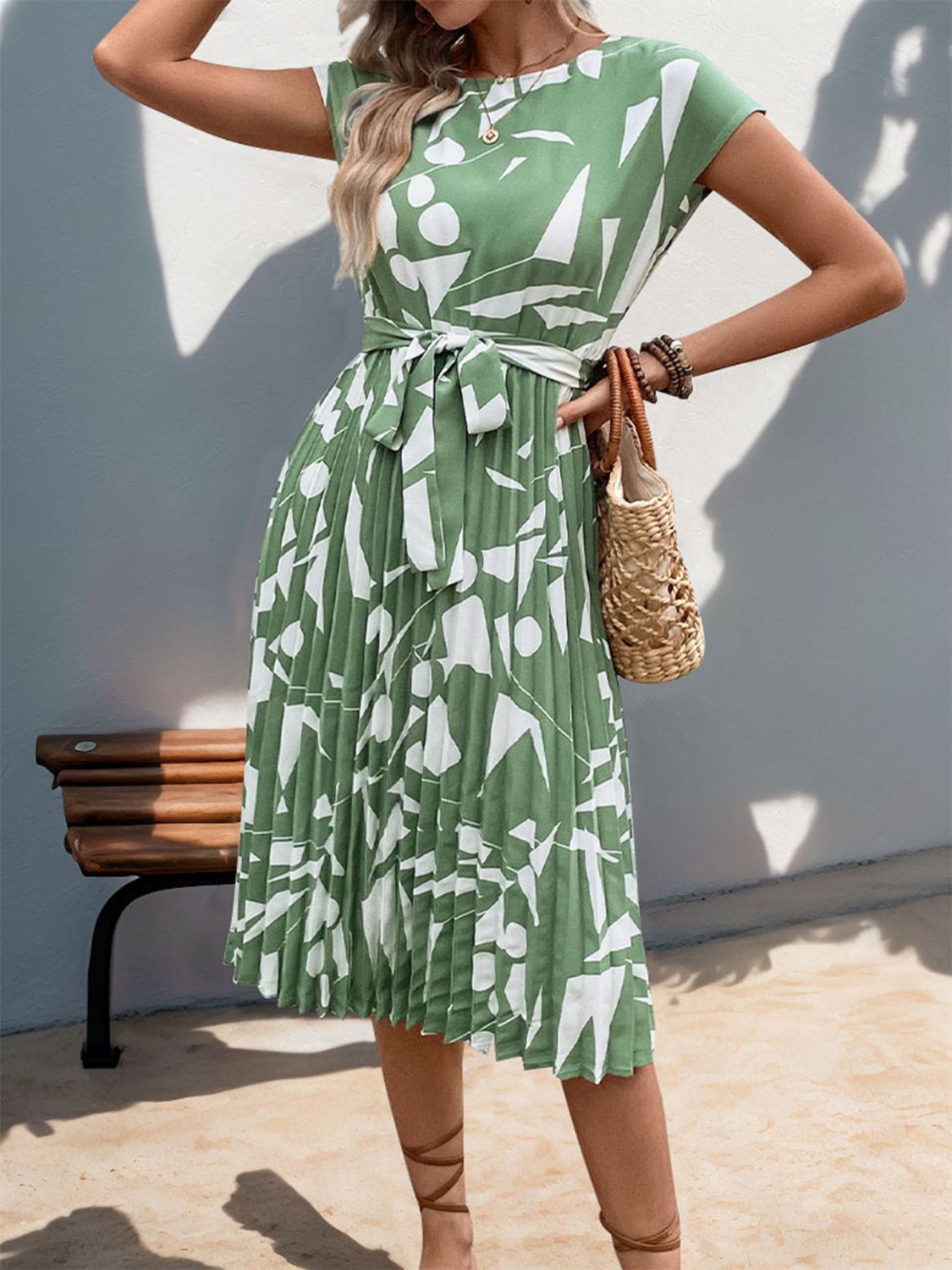 Tied Pleated Printed Cap Sleeve Dress in Light Green