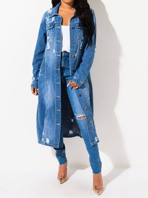 Long Sleeve Distressed Denim Dress Jacket