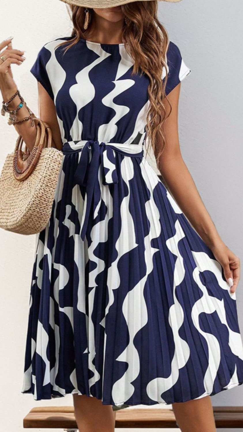 Tied Pleated Printed Cap Sleeve Dress in Dark Blue