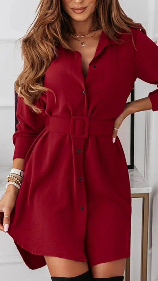 O-Neckline Shirt Dress in Red