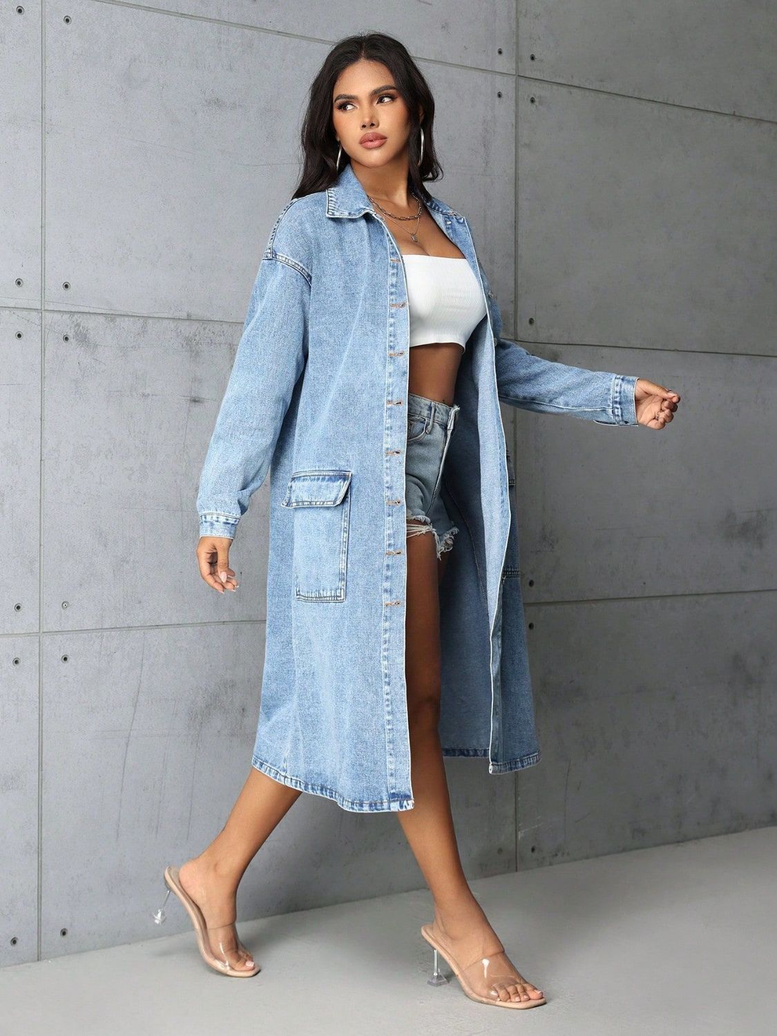 Pocketed Button Up Collared Neck Denim Dress Jacket