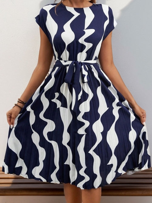 Tied Pleated Printed Cap Sleeve Dress in Dark Blue