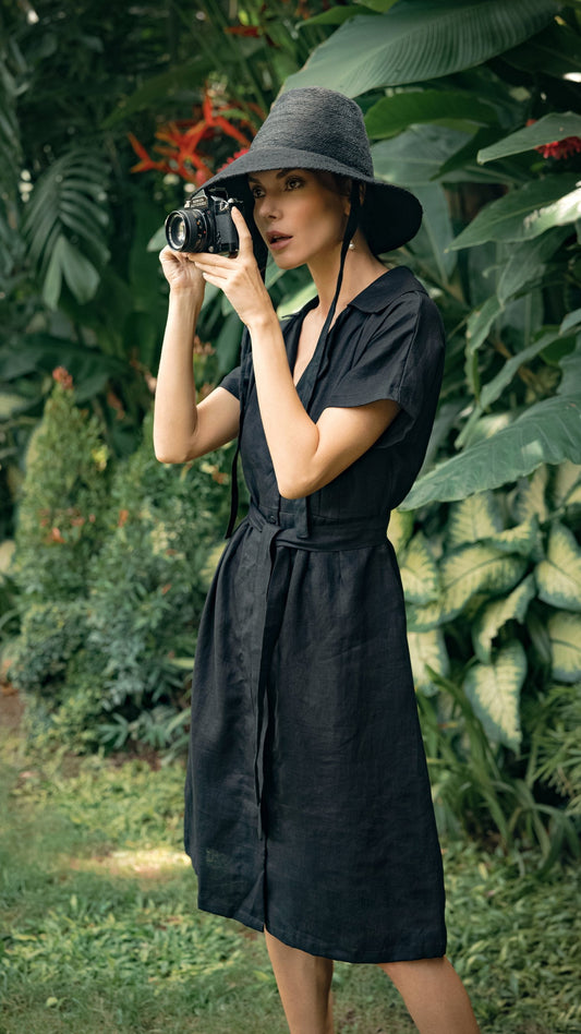 ARYA Safari Linen Midi Dress in Black