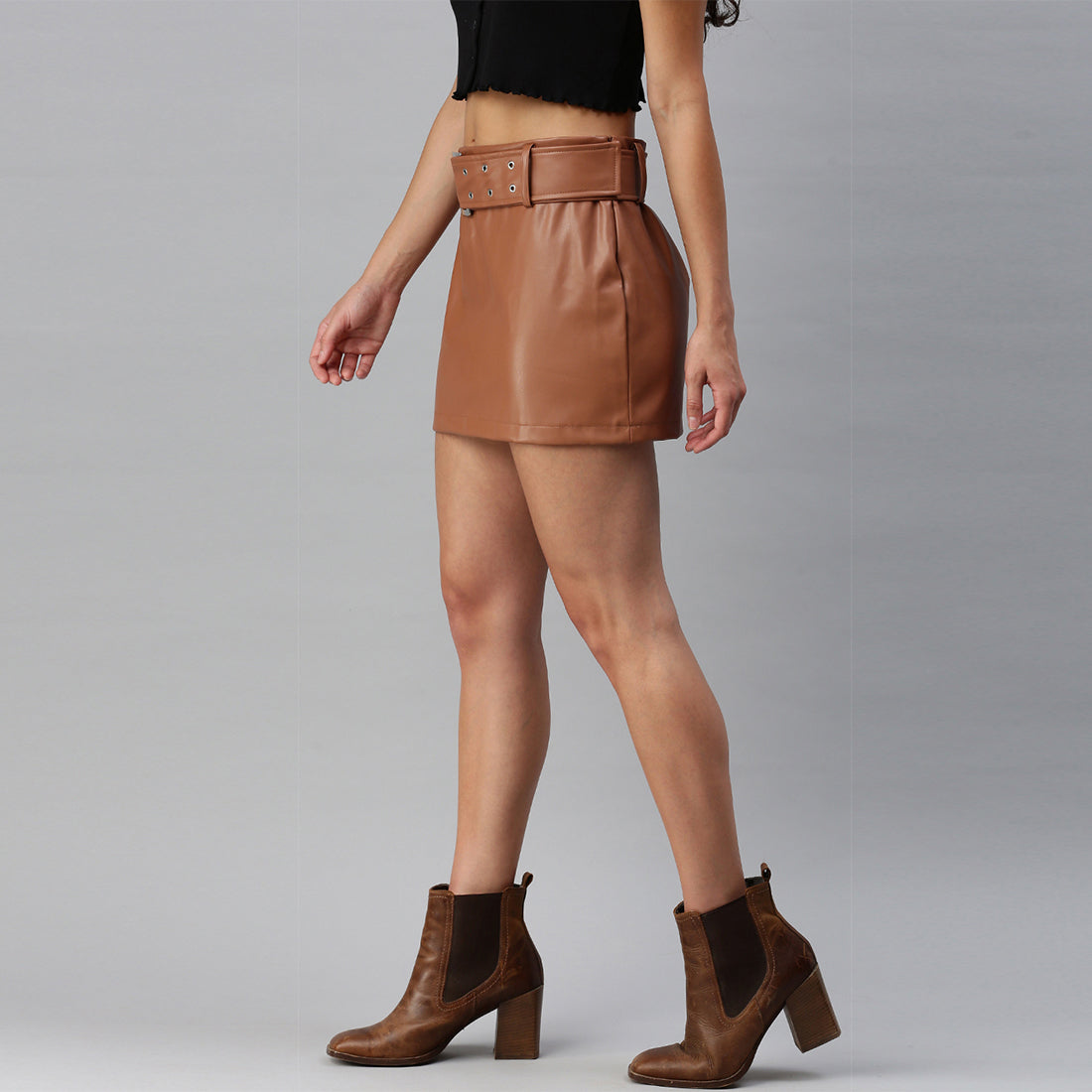 Bodycon Mini Slit Skirt with Buckle in Tan