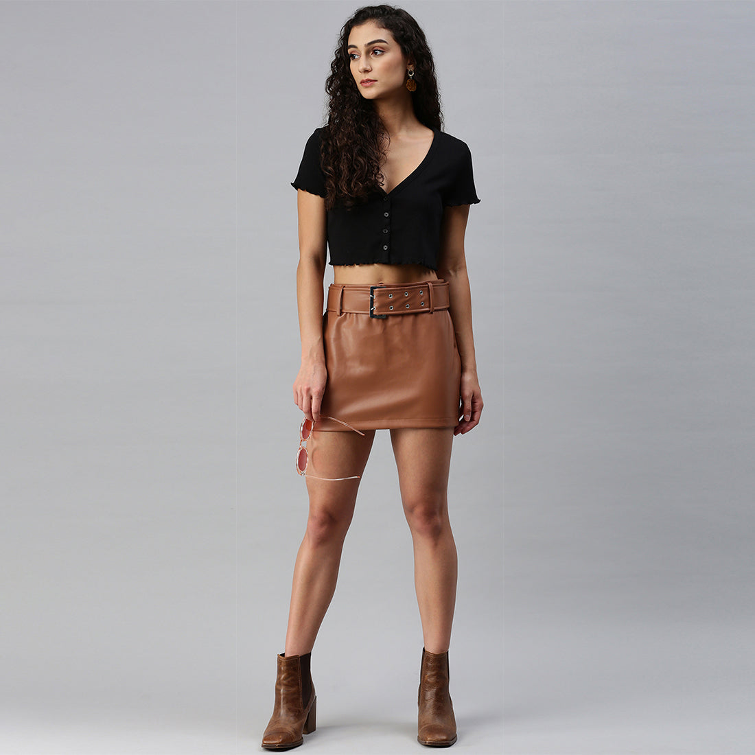 Bodycon Mini Slit Skirt with Buckle in Tan