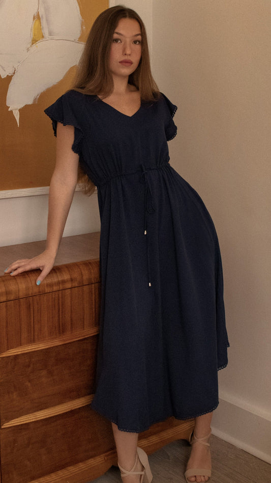 Charlie Viscose Midi Dress with Lace Trim in Navy