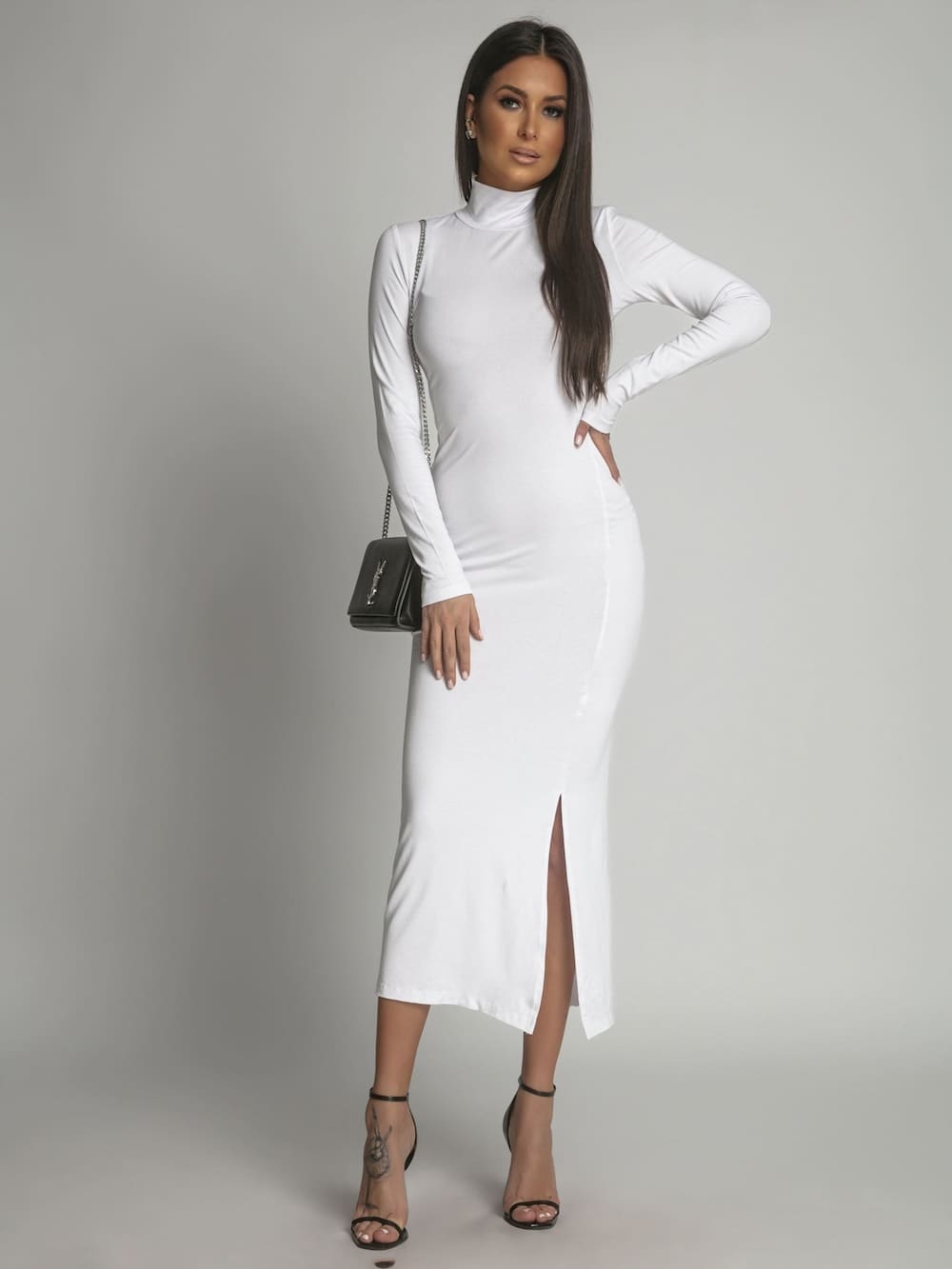 Viscose Long Sleeve Turtleneck Dress in White