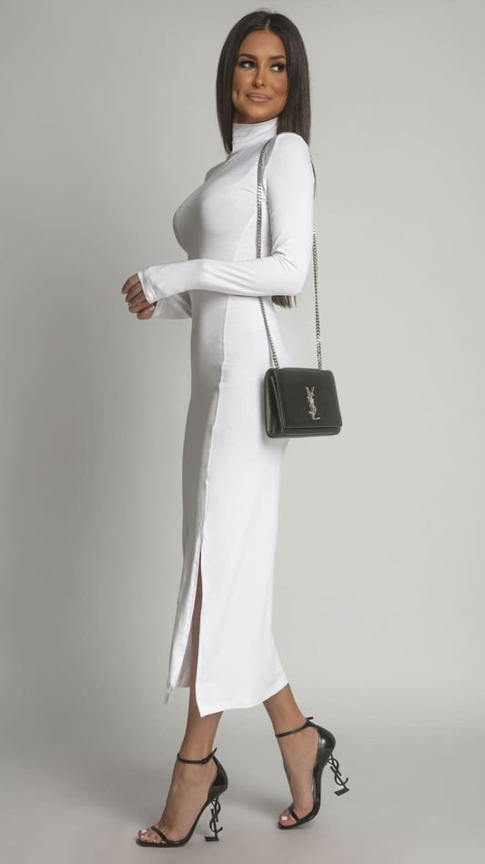 Viscose Long Sleeve Turtleneck Dress in White