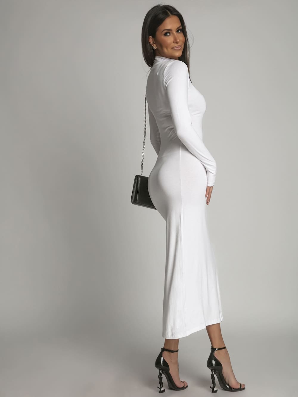 Viscose Long Sleeve Turtleneck Dress in White