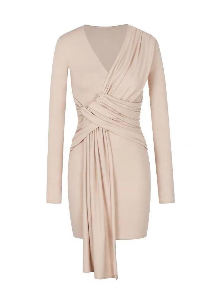 Elyse Long Sleeve Wrap Dress in Cream