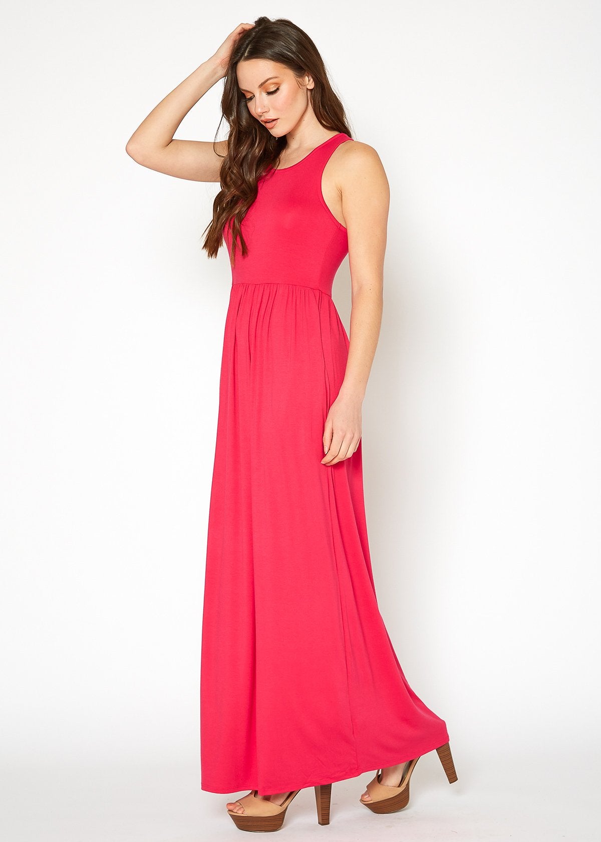 Sleeveless Rayon Pleated Maxi Dress in Deep Pink