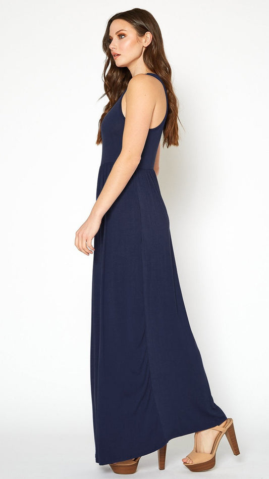 Sleeveless Rayon Pleated Maxi Dress in Navy