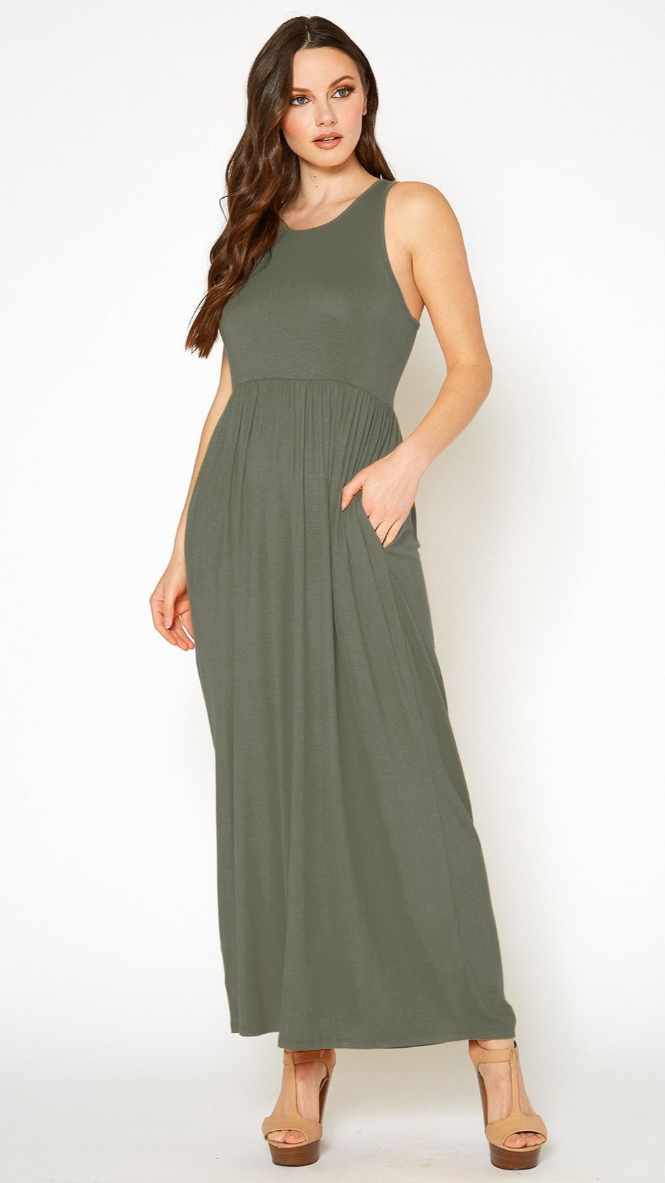 Sleeveless Rayon Pleated Maxi Dress in Olive