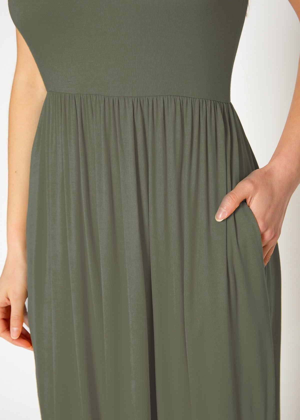 Sleeveless Rayon Pleated Maxi Dress in Olive