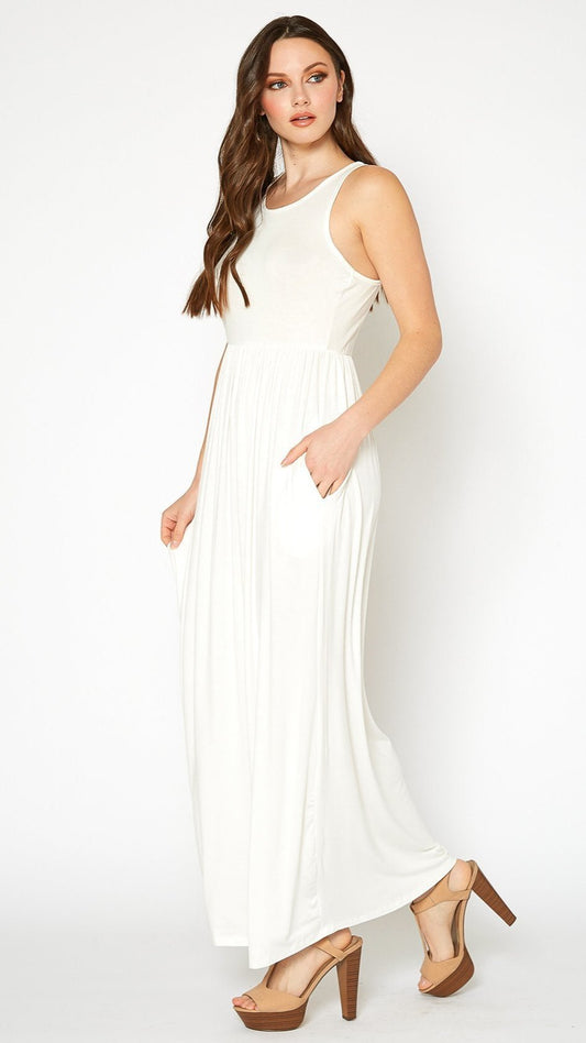 Sleeveless Rayon Pleated Maxi Dress in Ivory