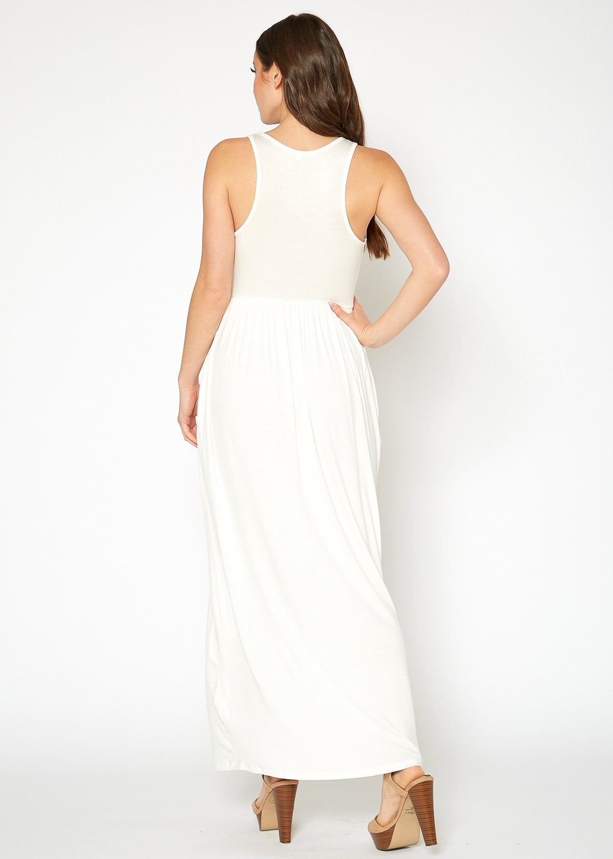 Sleeveless Rayon Pleated Maxi Dress in Ivory